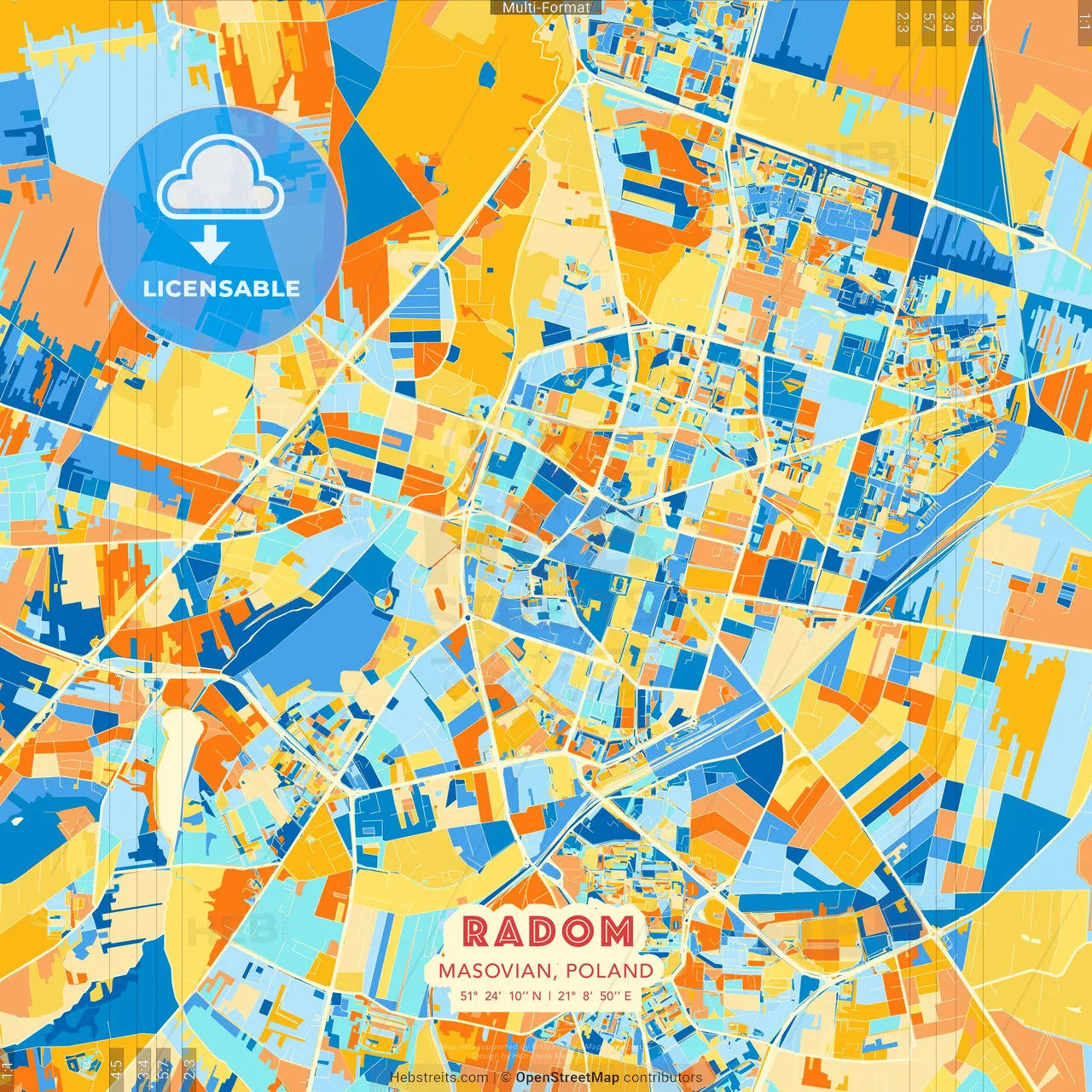 Radom, Masovian, Poland blue and orange vector art map template