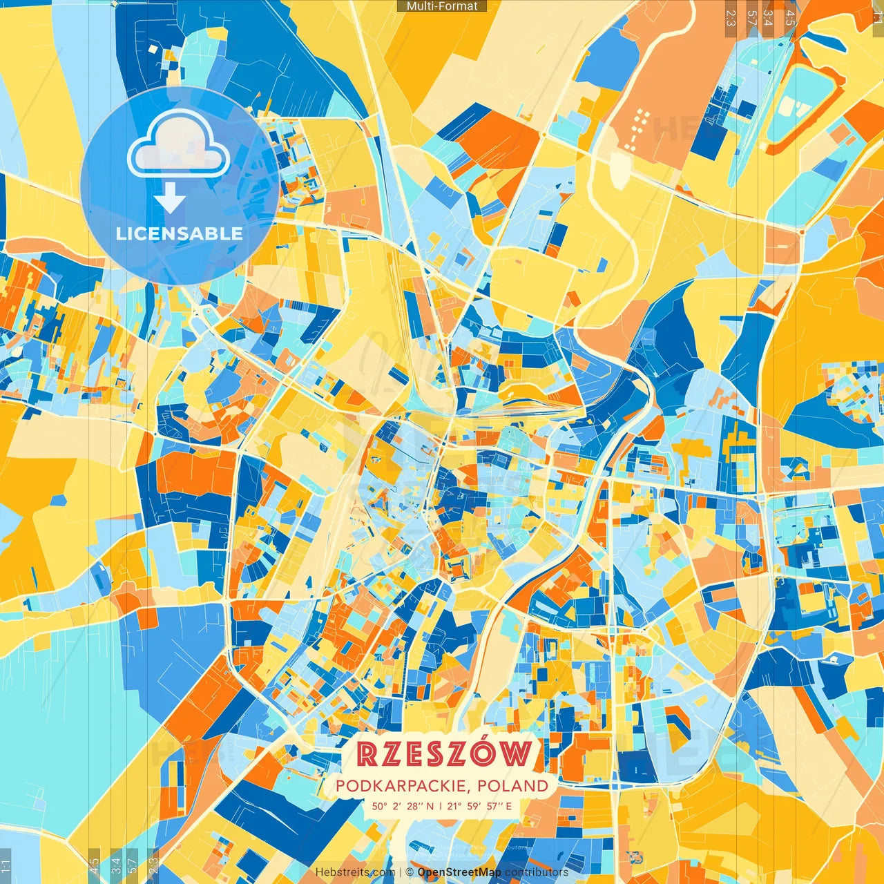 Rzeszów, Podkarpackie, Poland blue and orange vector art map template