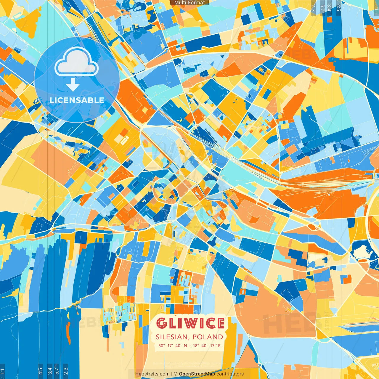 Gliwice, Silesian, Poland blue and orange vector art map template