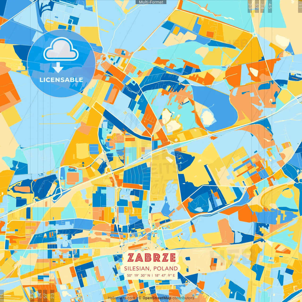 Zabrze, Silesian, Poland blue and orange vector art map template