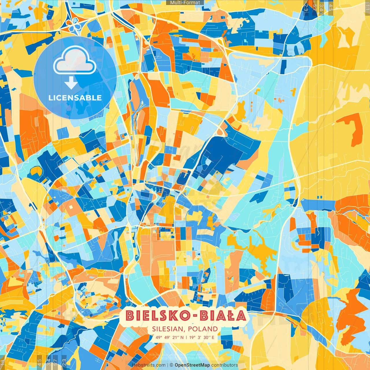 Bielsko-Biała, Silesian, Poland blue and orange vector art map template
