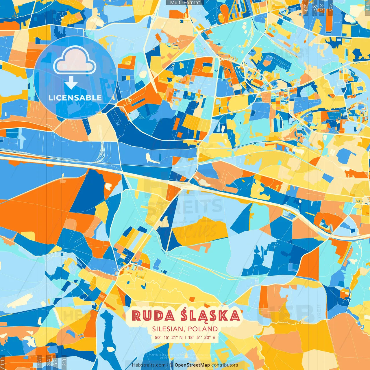 Ruda Śląska, Silesian, Poland blue and orange vector art map template