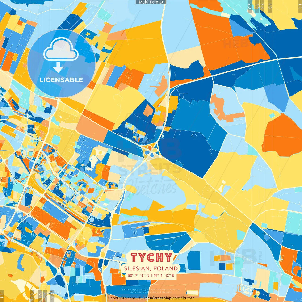 Tychy, Silesian, Poland blue and orange vector art map template