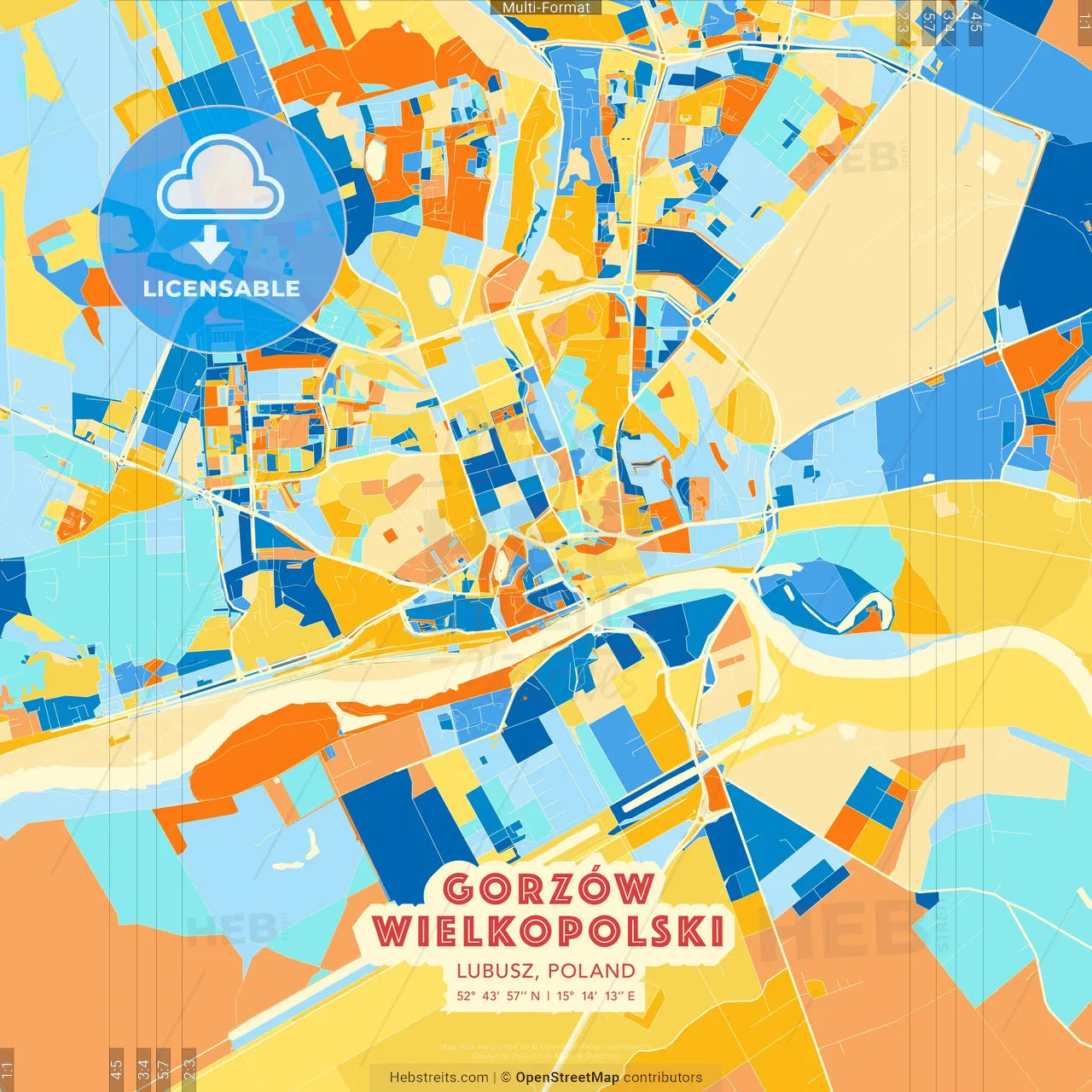 Gorzów Wielkopolski, Lubusz, Poland blue and orange vector art map template