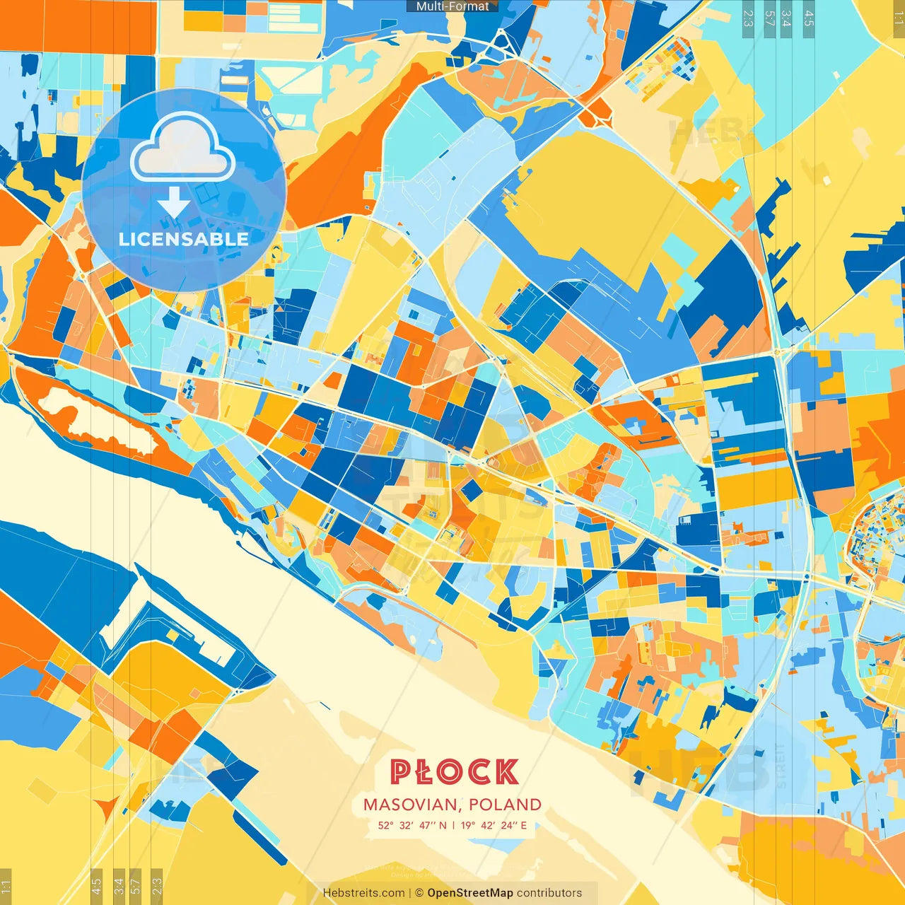 Płock, Masovian, Poland blue and orange vector art map template