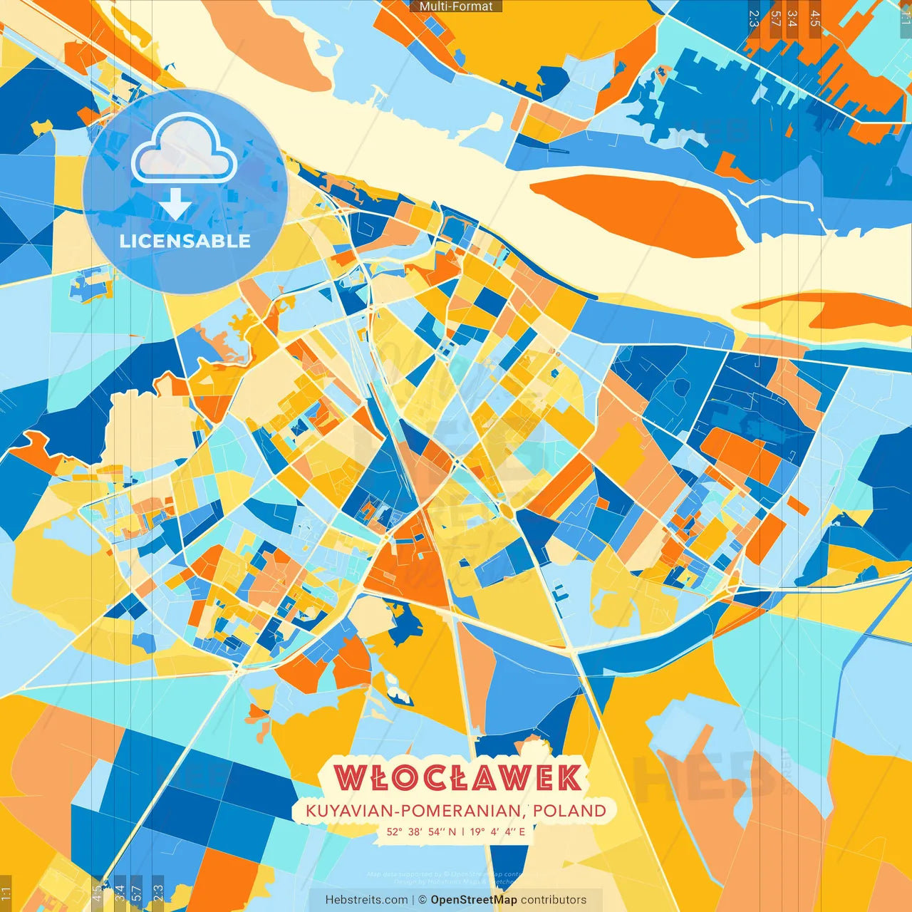 Włocławek, Kuyavian-Pomeranian, Poland blue and orange vector art map template