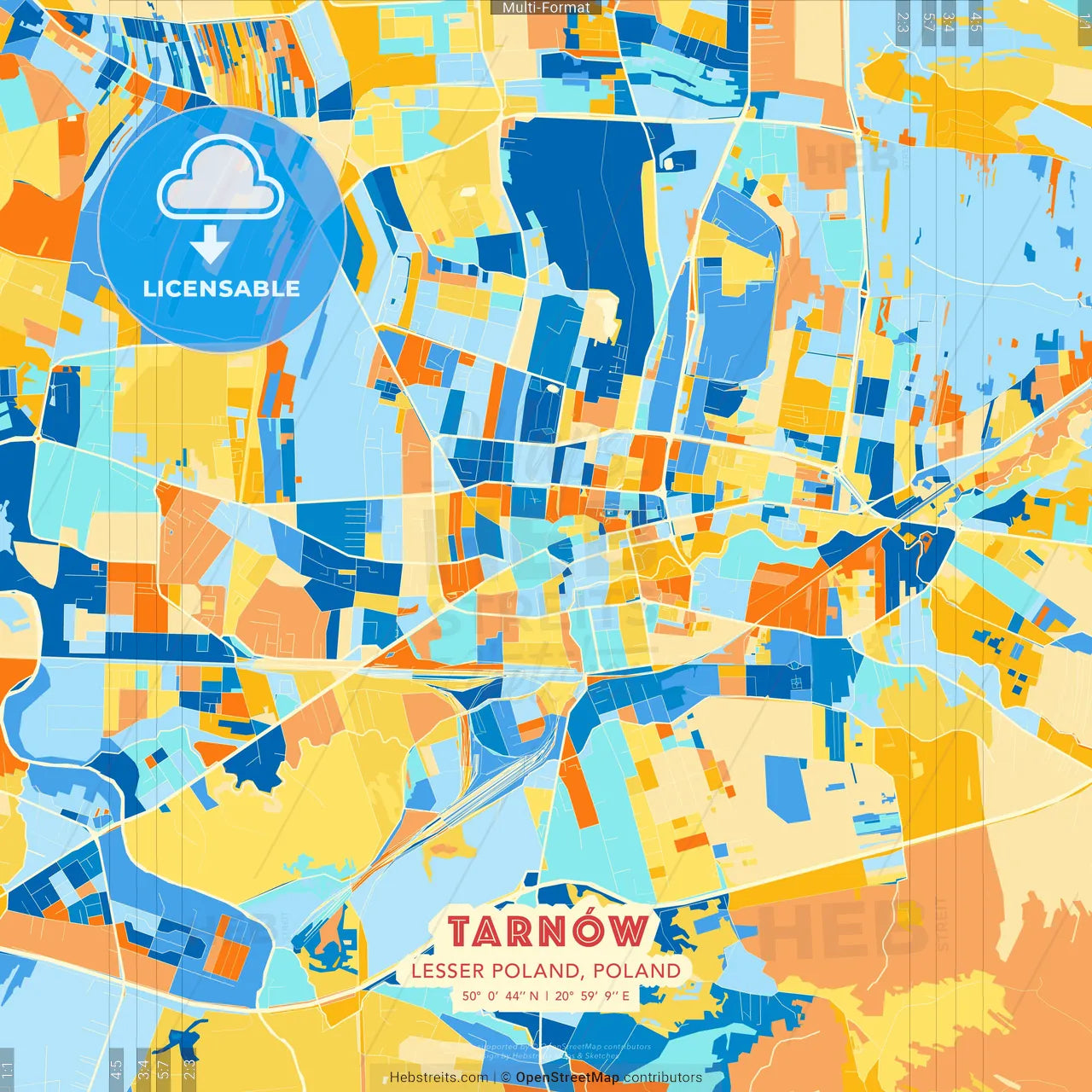 Tarnów, Lesser Poland, Poland blue and orange vector art map template