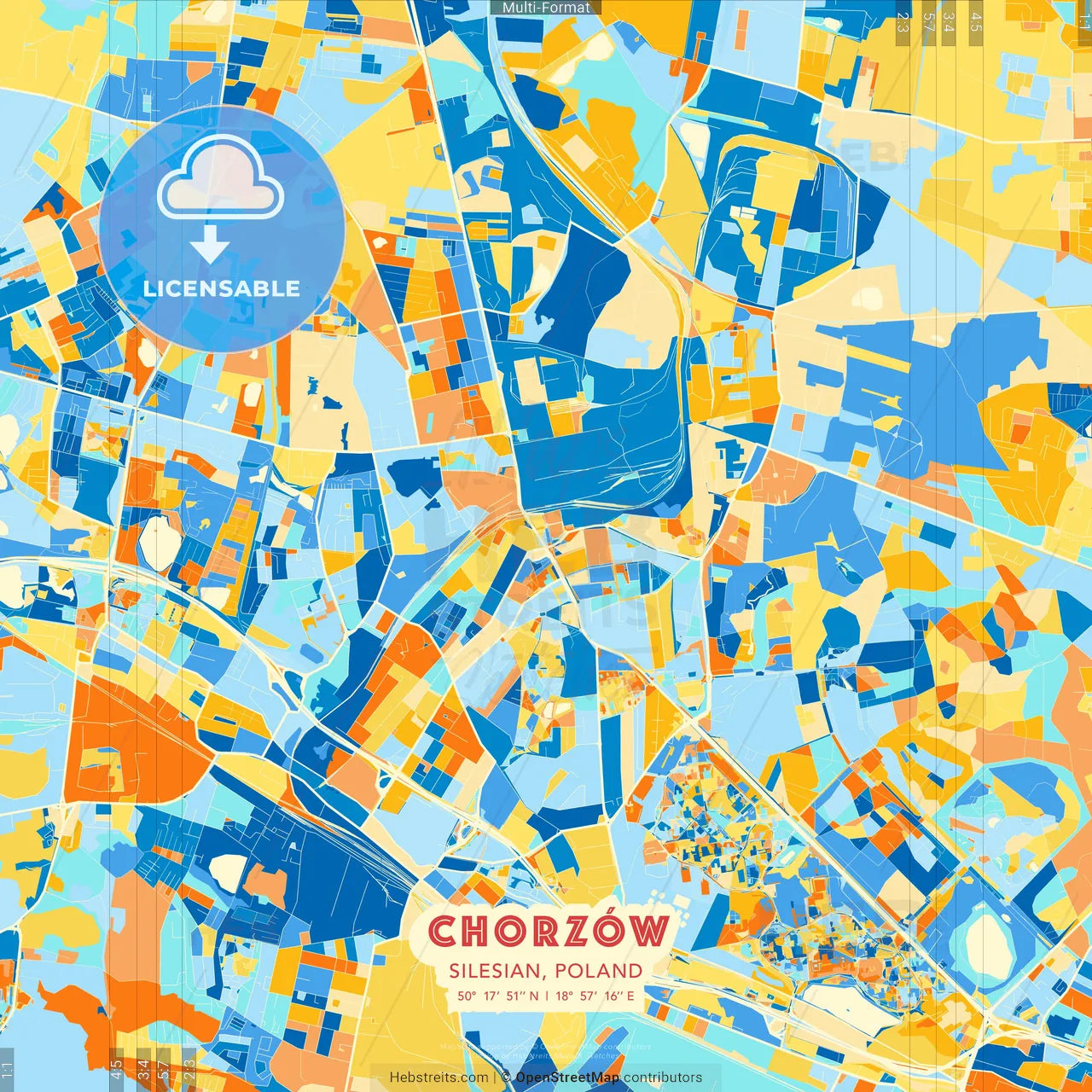 Chorzów, Silesian, Poland blue and orange vector art map template