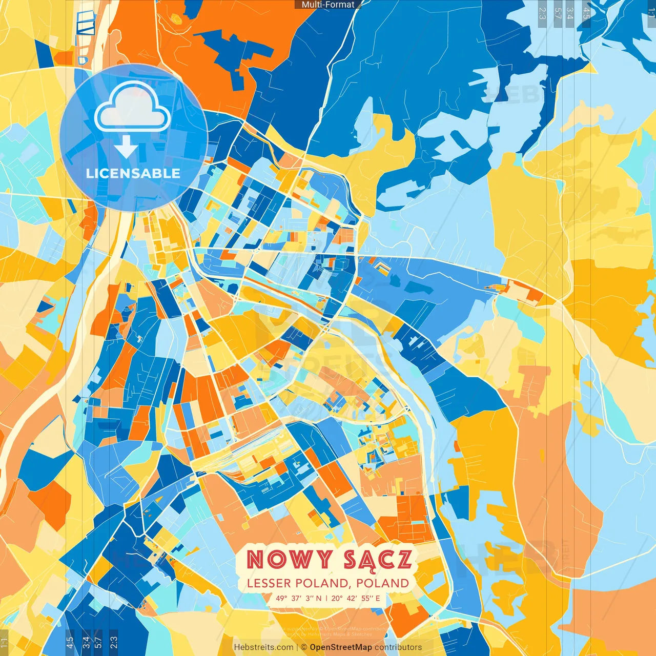 Nowy Sącz, Lesser Poland, Poland blue and orange vector art map template
