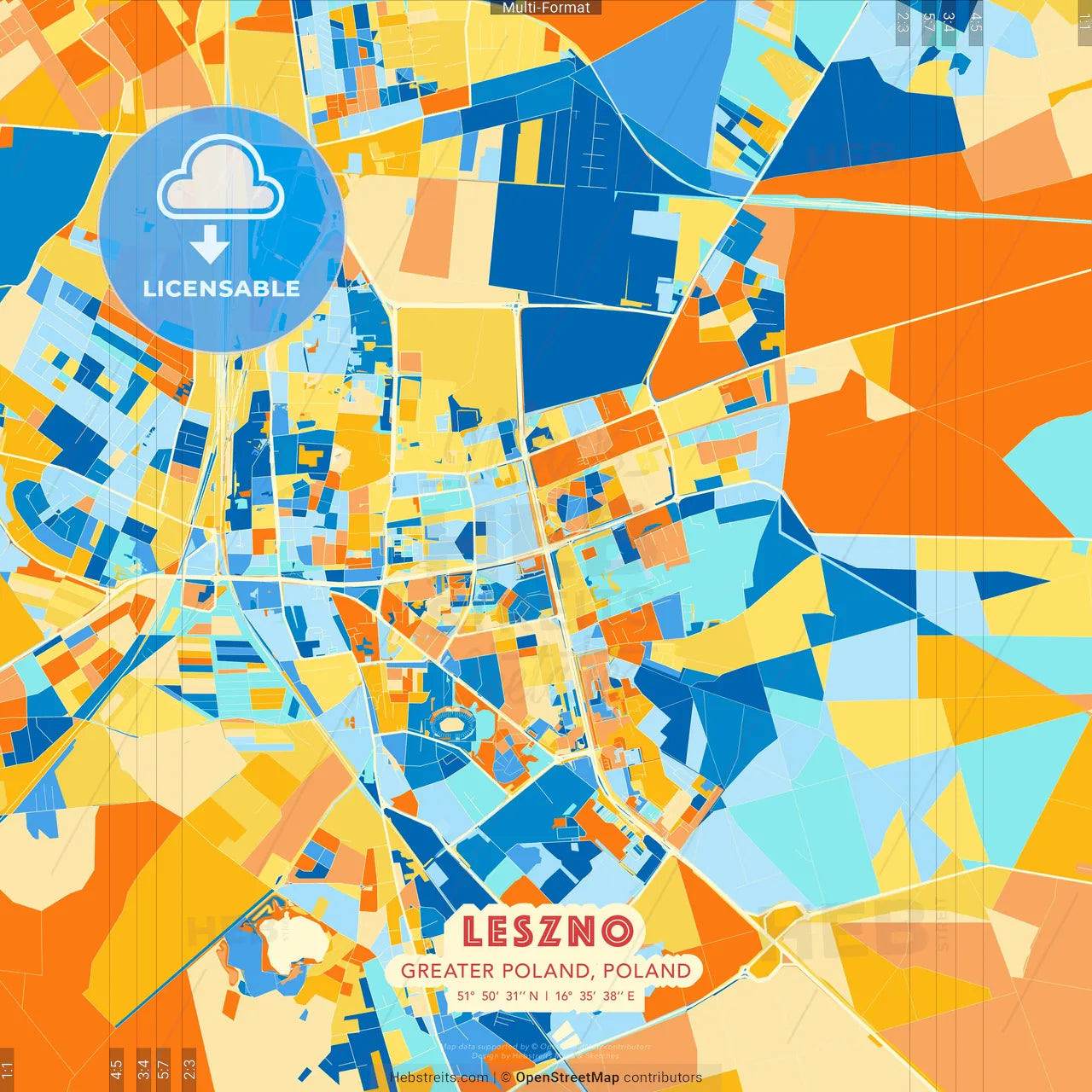 Leszno, Greater Poland, Poland blue and orange vector art map template