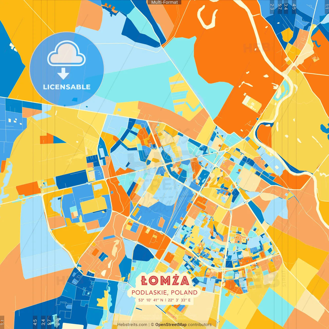 Łomża, Podlaskie, Poland blue and orange vector art map template