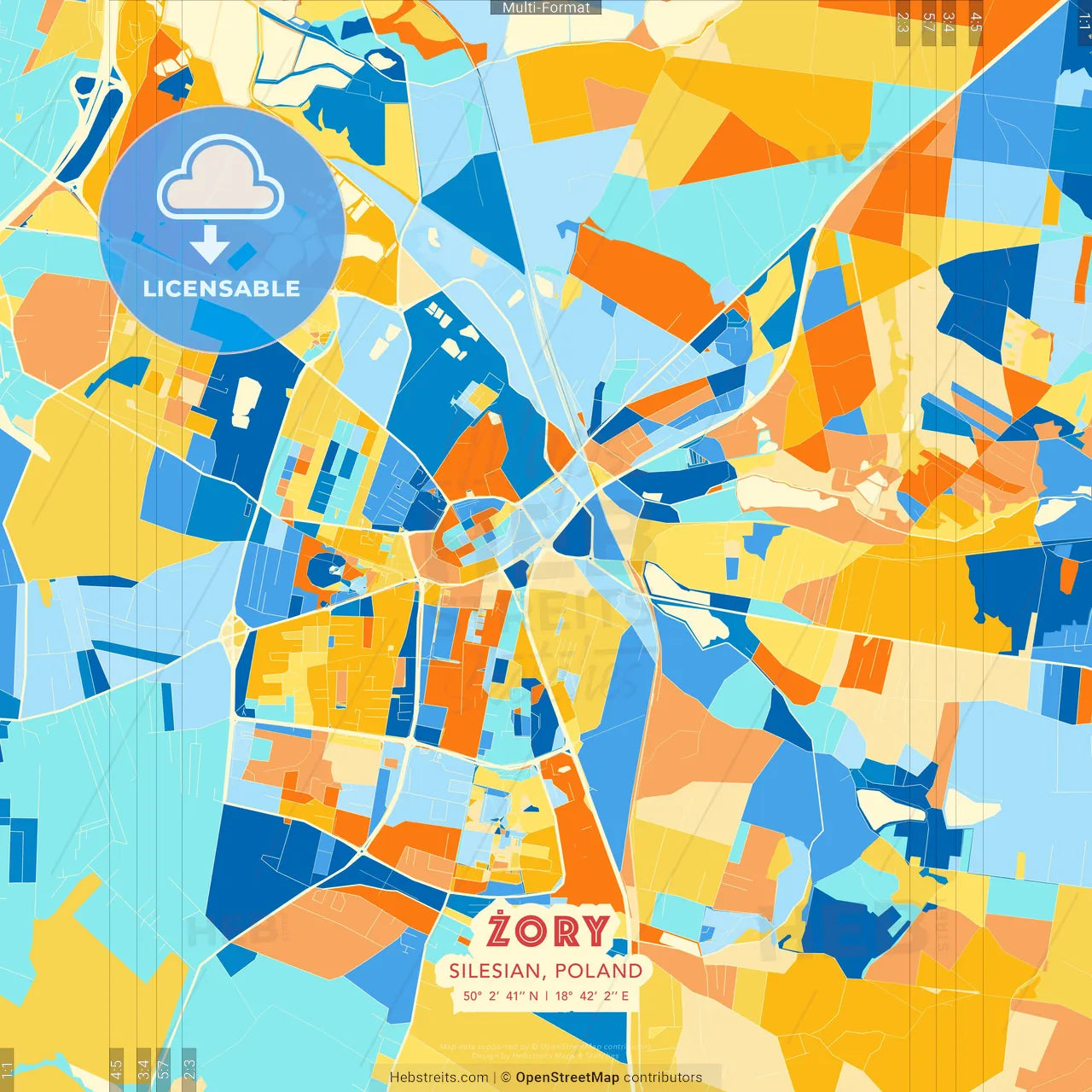 Żory, Silesian, Poland blue and orange vector art map template