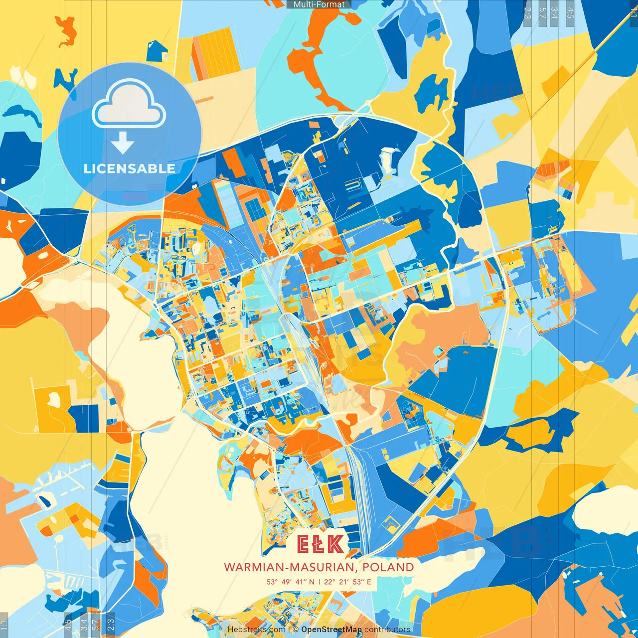 Ełk, Warmian-Masurian, Poland blue and orange vector art map template