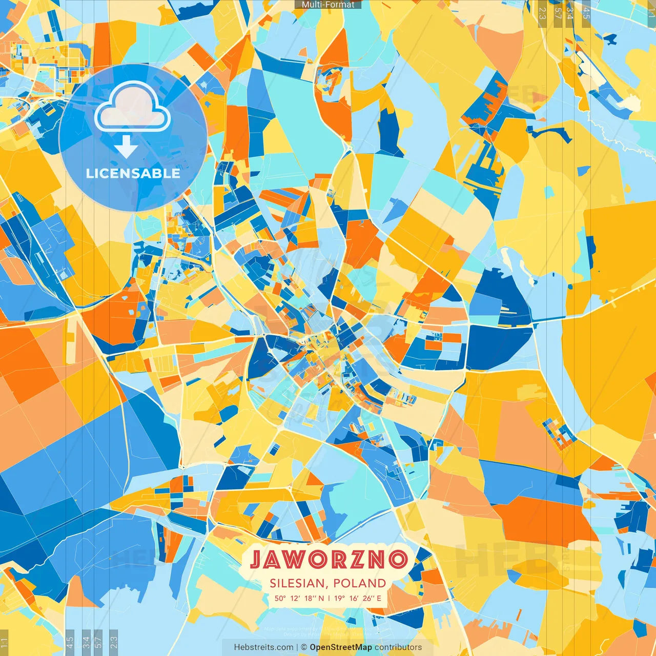 Jaworzno, Silesian, Poland blue and orange vector art map template