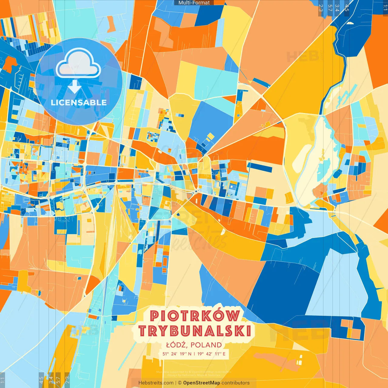 Piotrków Trybunalski, Łódź, Poland blue and orange vector art map template