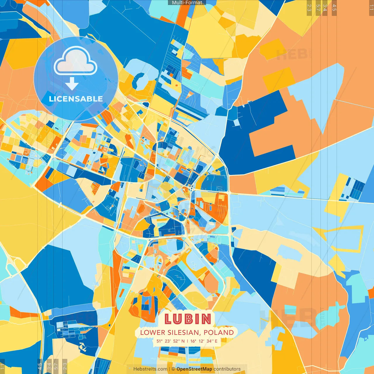 Lubin, Lower Silesian, Poland blue and orange vector art map template