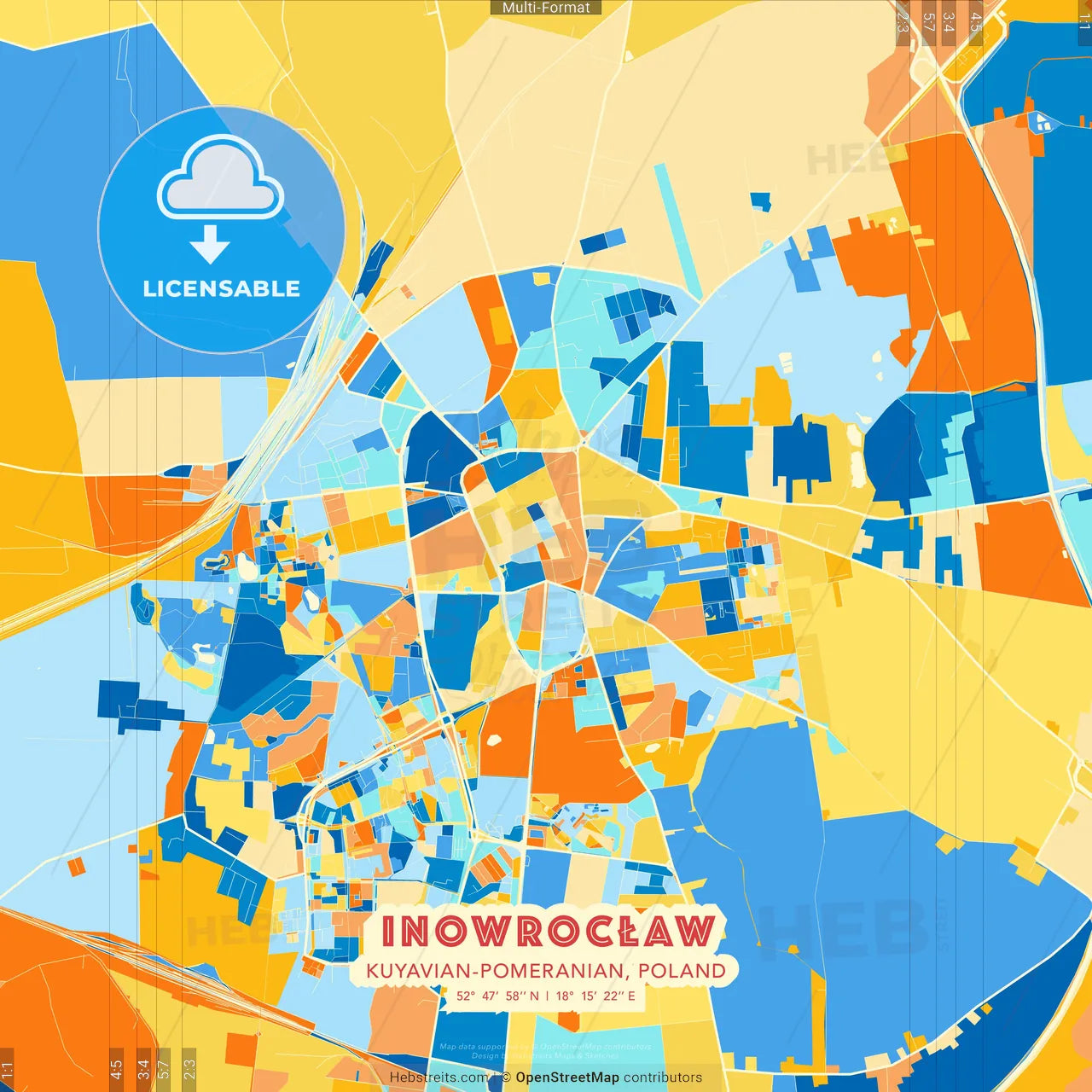 Inowrocław, Kuyavian-Pomeranian, Poland blue and orange vector art map template