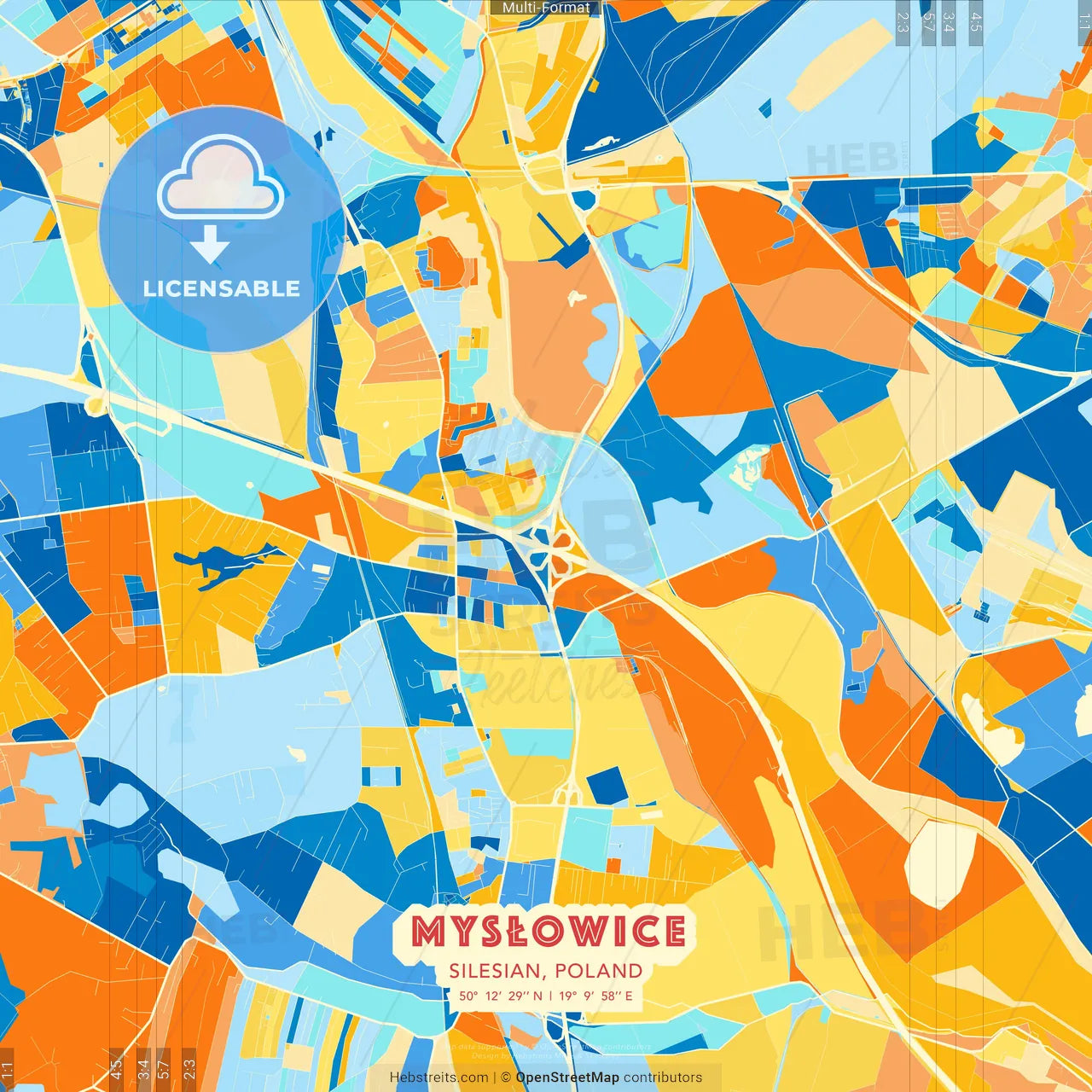 Mysłowice, Silesian, Poland blue and orange vector art map template