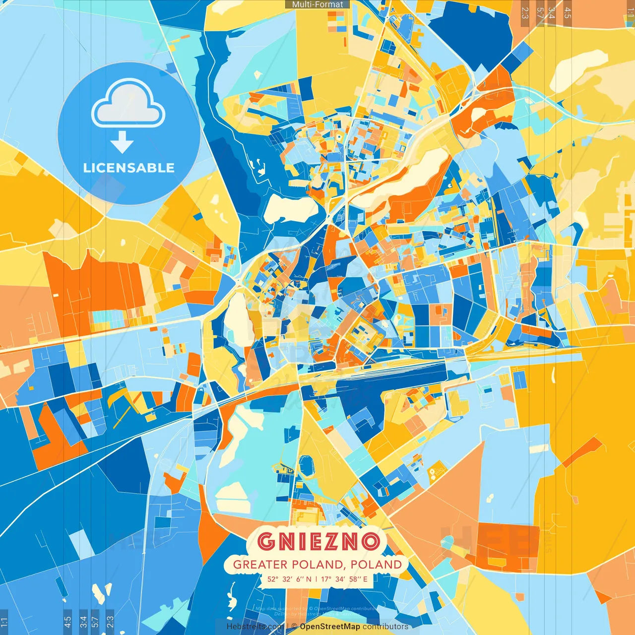 Gniezno, Greater Poland, Poland blue and orange vector art map template