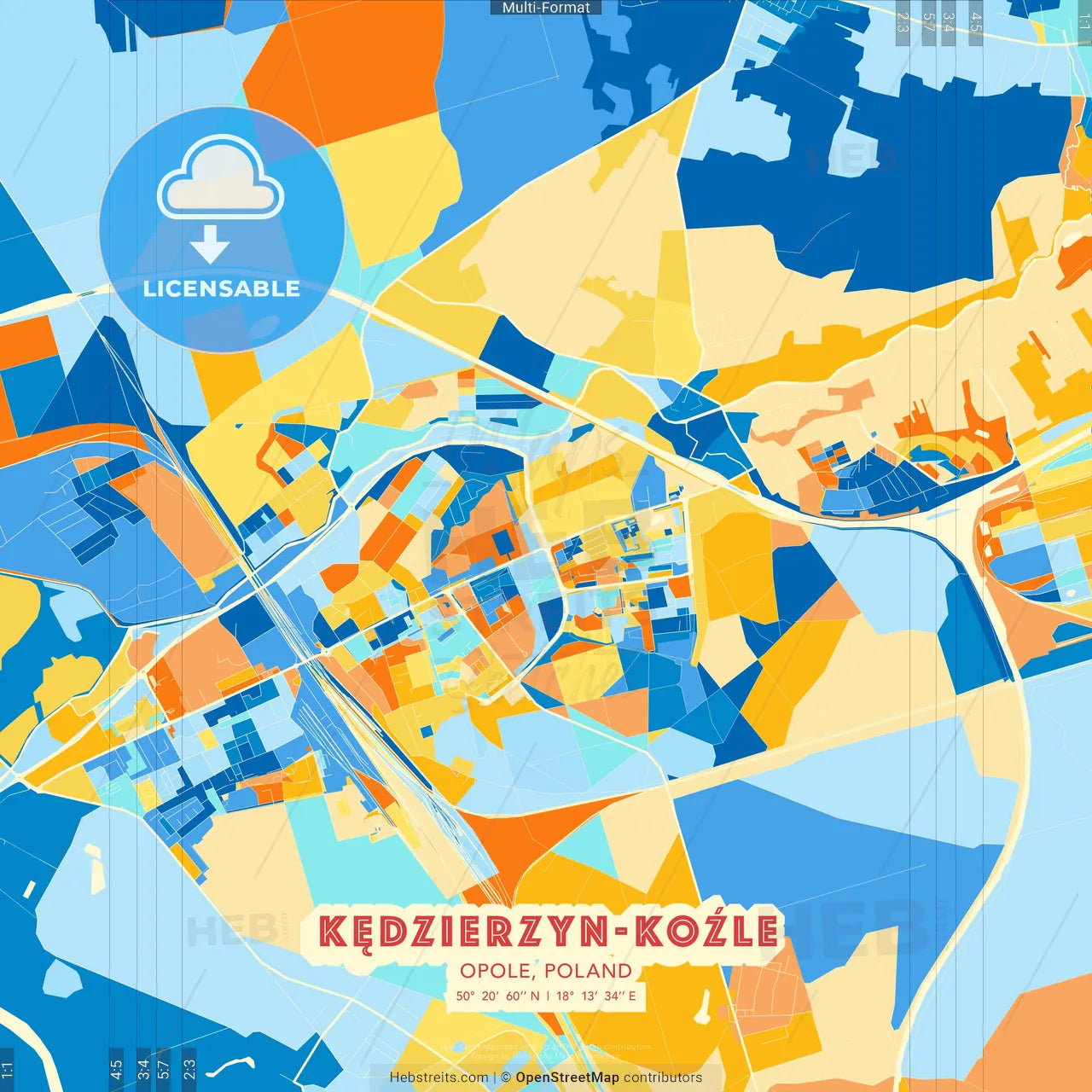 Kędzierzyn-Koźle, Opole, Poland blue and orange vector art map template