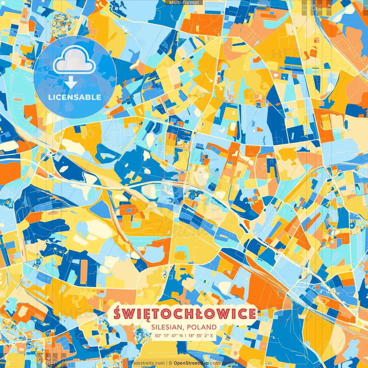 Świętochłowice, Silesian, Poland blue and orange vector art map template