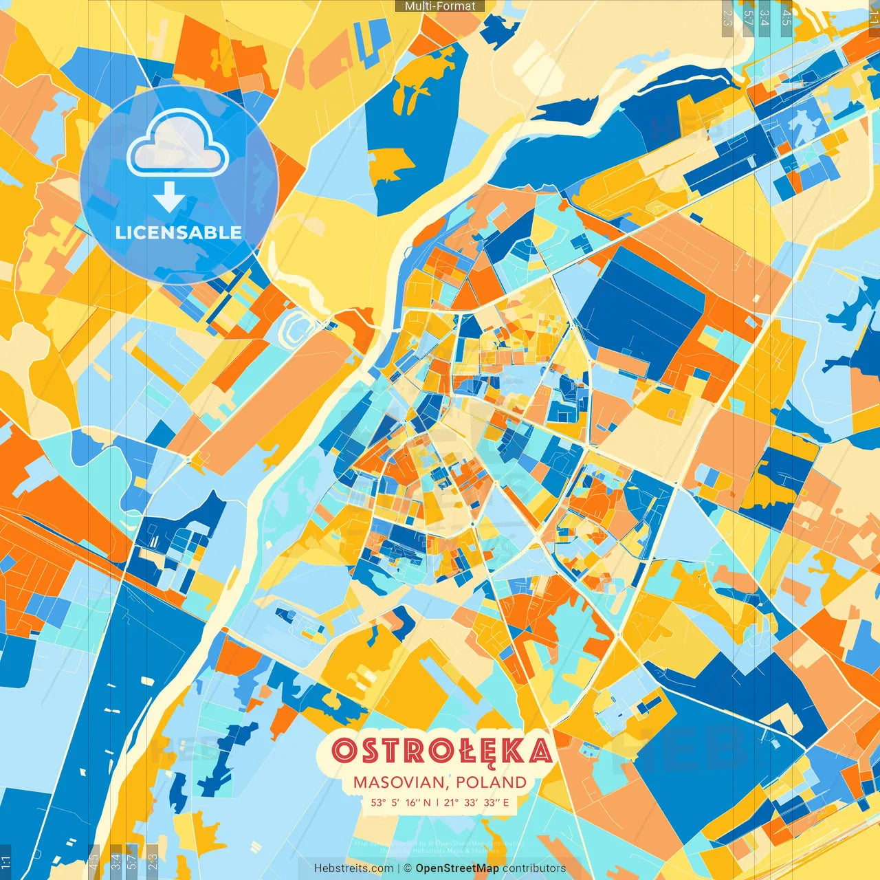 Ostrołęka, Masovian, Poland blue and orange vector art map template