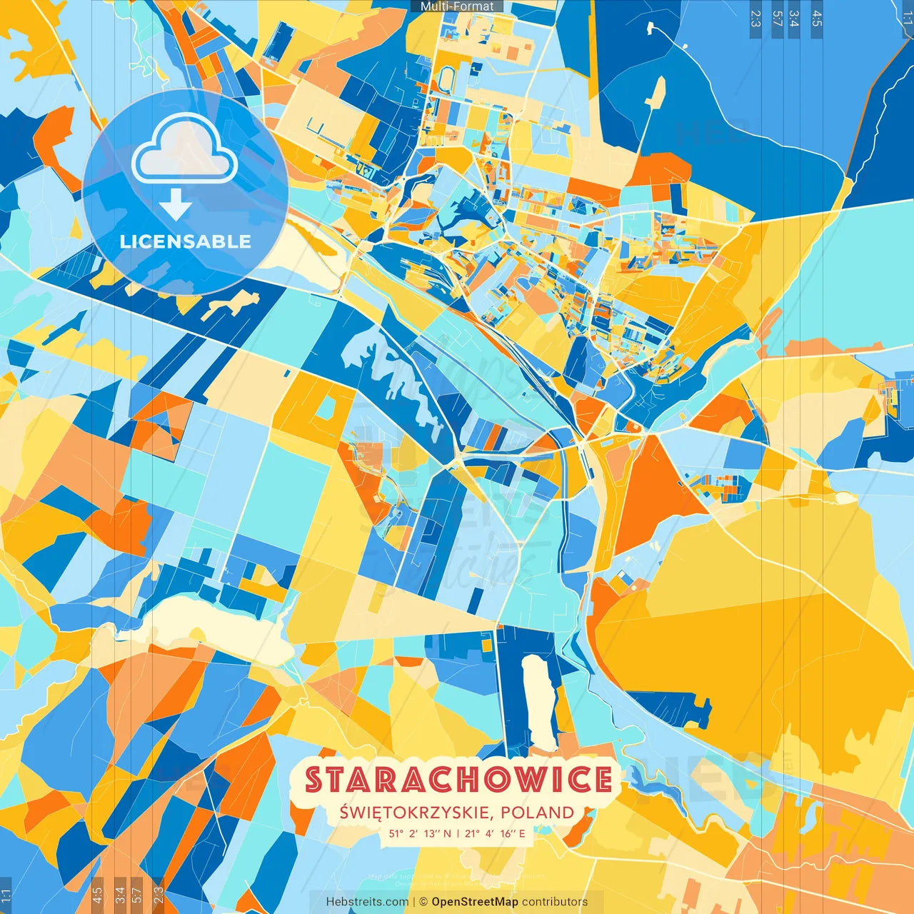 Starachowice, Świętokrzyskie, Poland blue and orange vector art map template