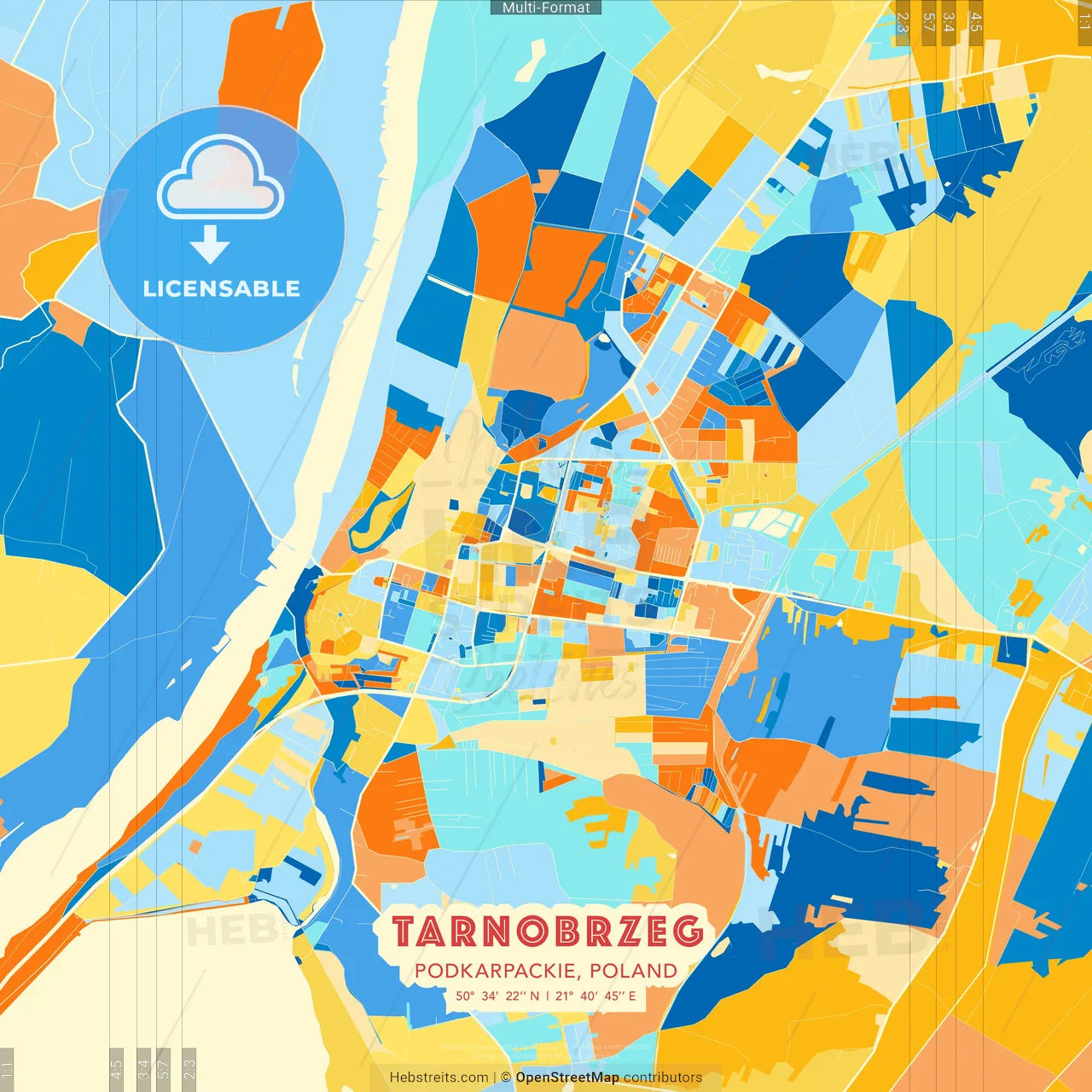 Tarnobrzeg, Podkarpackie, Poland blue and orange vector art map template