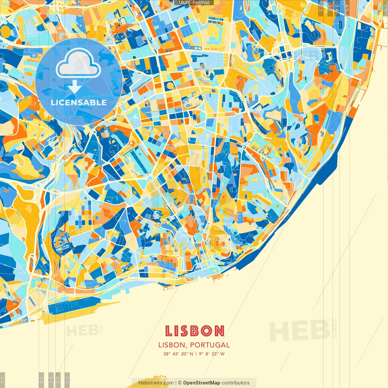 Lisbon, Lisbon, Portugal blue and orange vector art map template