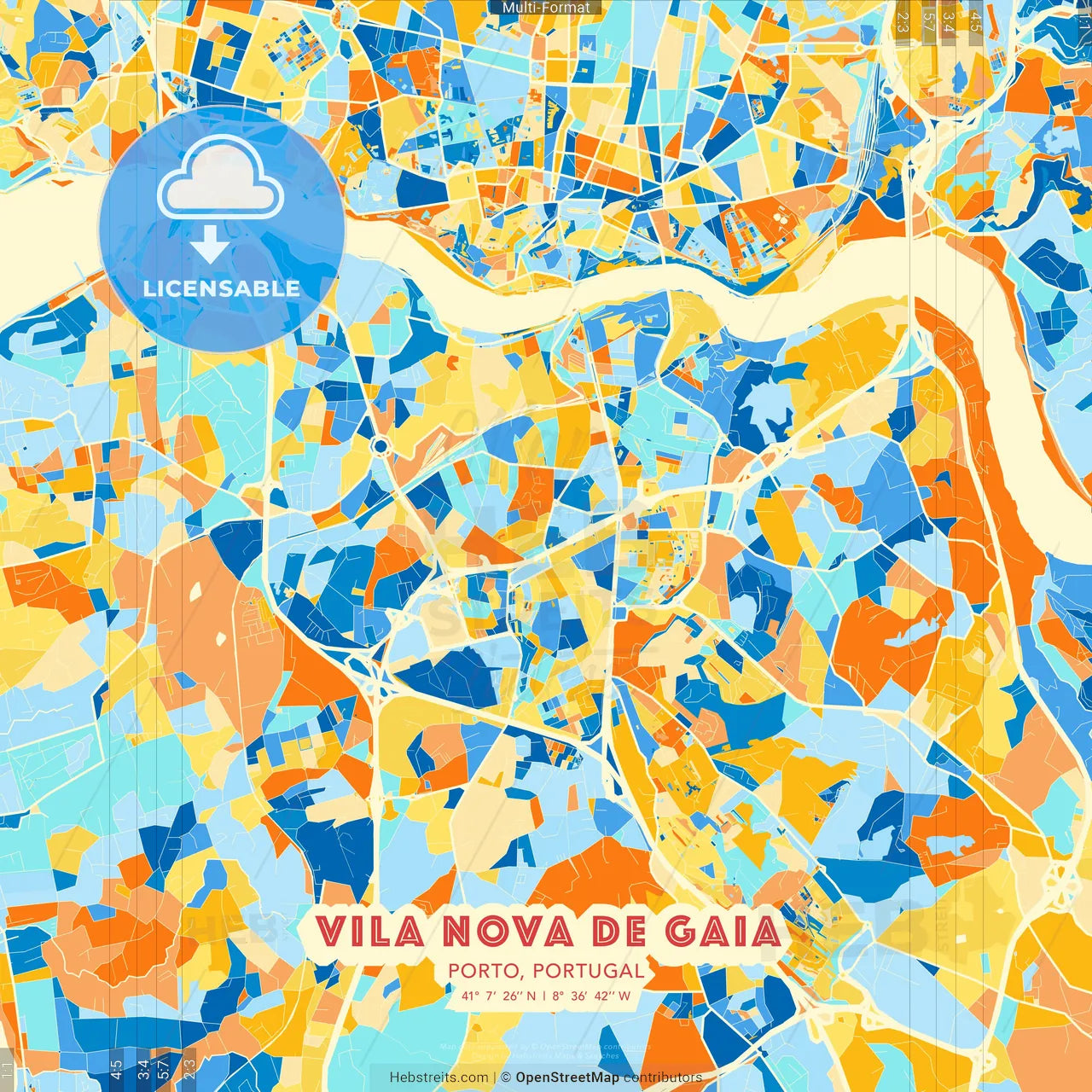 Vila Nova de Gaia, Porto, Portugal blue and orange vector art map template