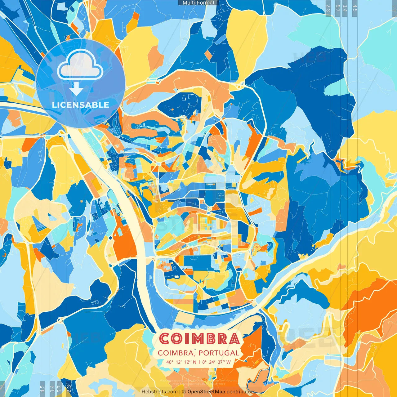 Coimbra, Coimbra, Portugal blue and orange vector art map template