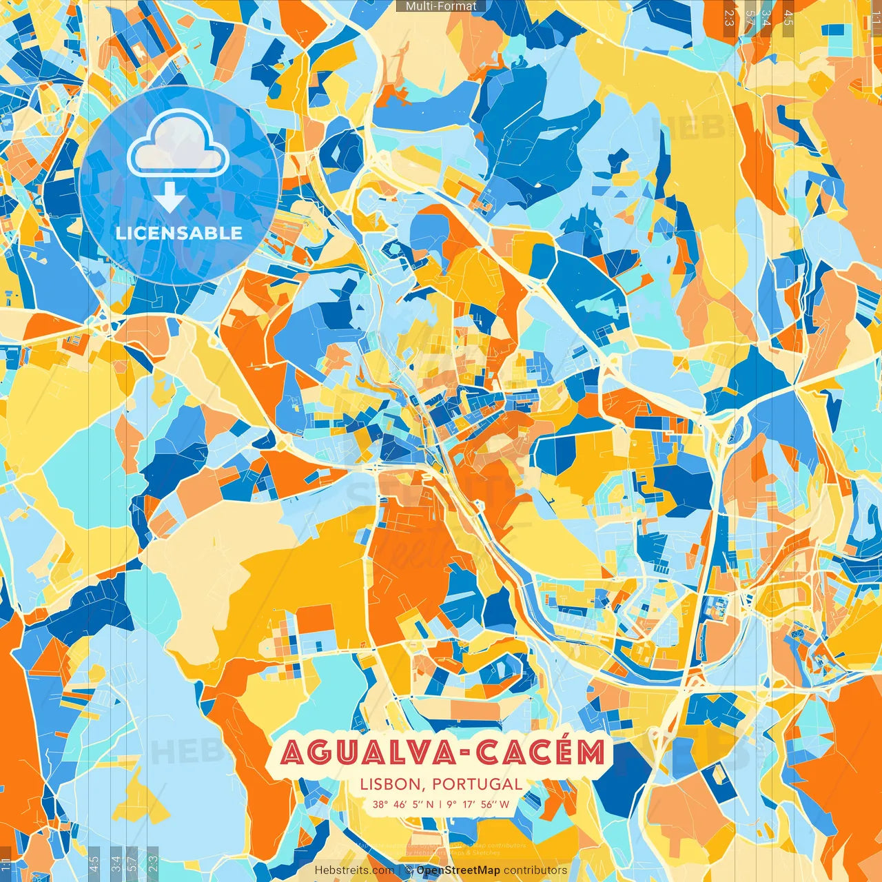 Agualva-Cacém, Lisbon, Portugal blue and orange vector art map template