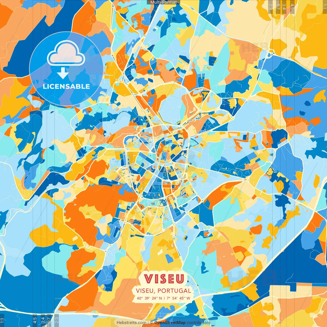 Viseu, Viseu, Portugal blue and orange vector art map template