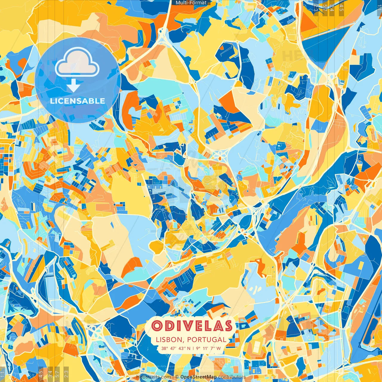 Odivelas, Lisbon, Portugal blue and orange vector art map template