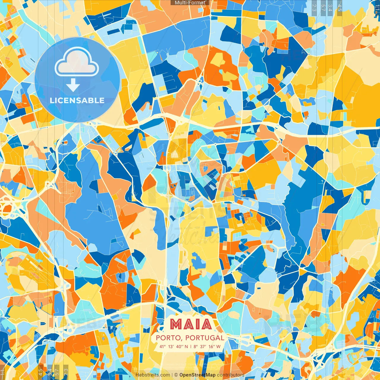 Maia, Porto, Portugal blue and orange vector art map template