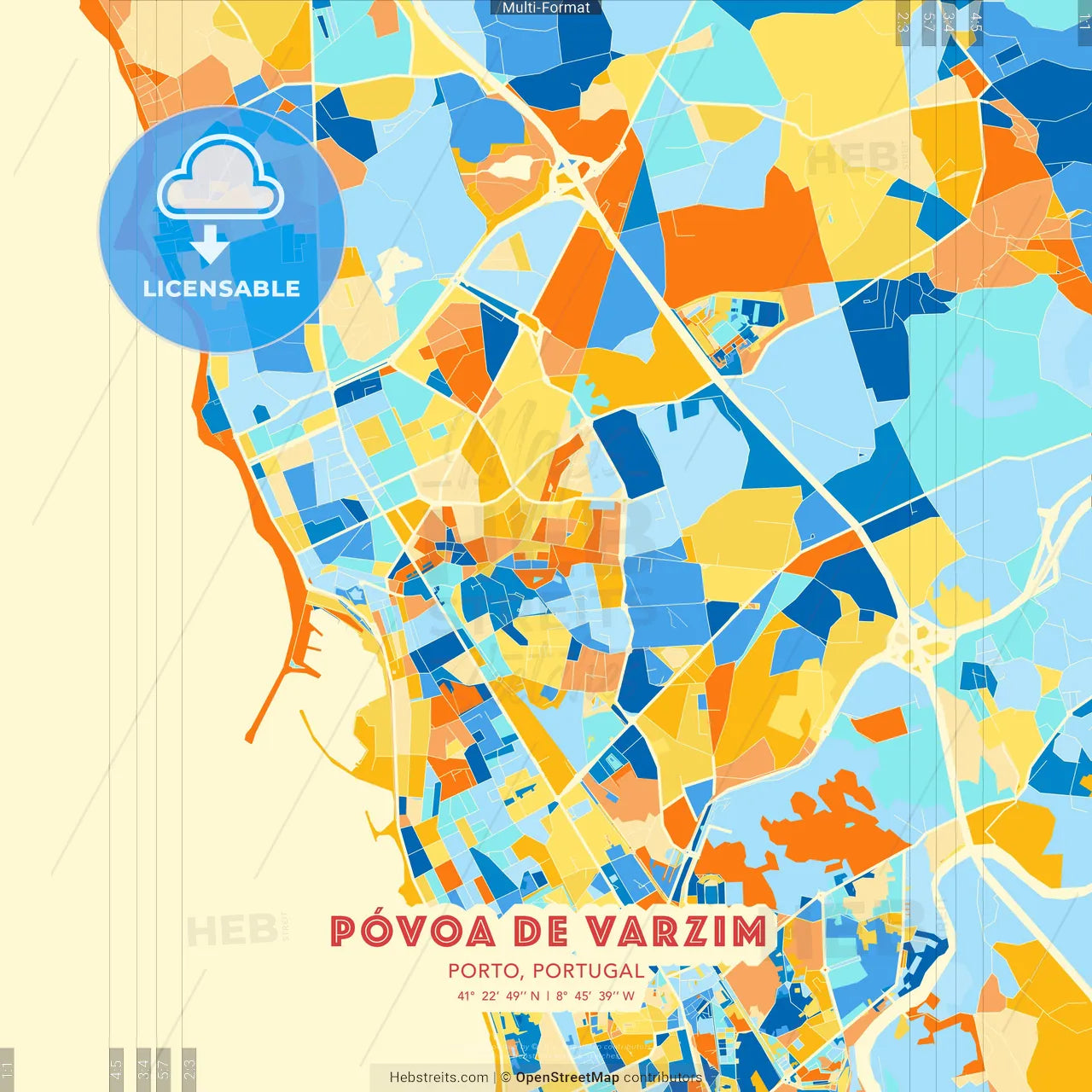 Póvoa de Varzim, Porto, Portugal blue and orange vector art map template