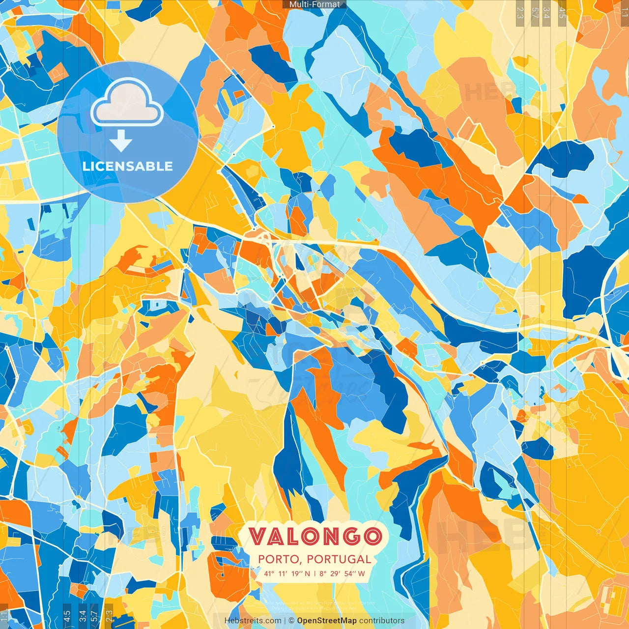 Valongo, Porto, Portugal blue and orange vector art map template