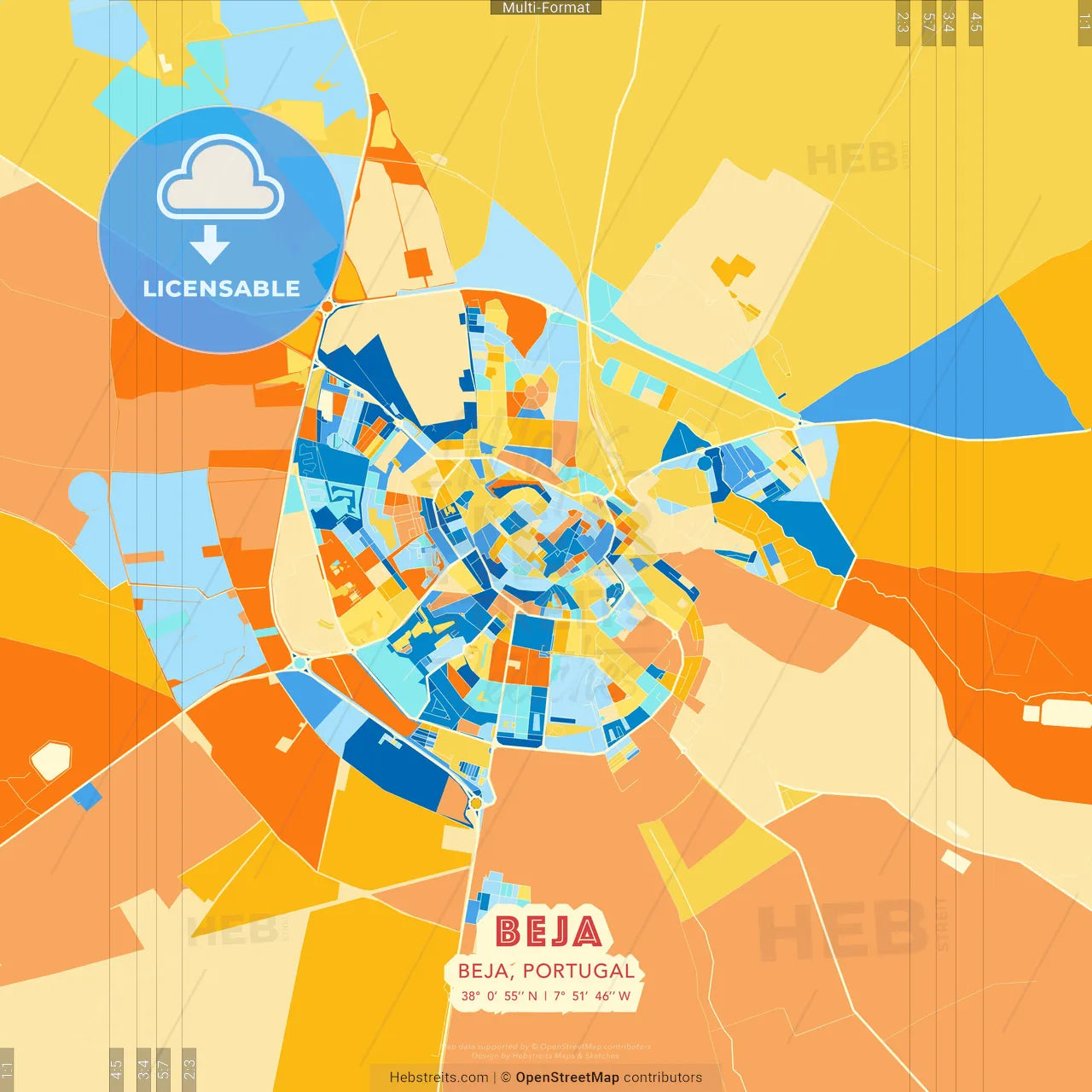 Beja, Beja, Portugal blue and orange vector art map template