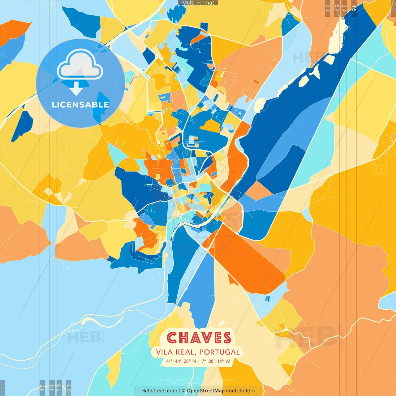 Chaves, Vila Real, Portugal blue and orange vector art map template