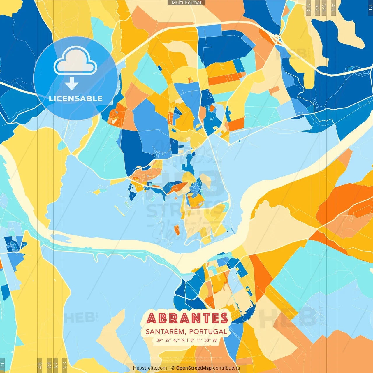 Abrantes, Santarém, Portugal blue and orange vector art map template