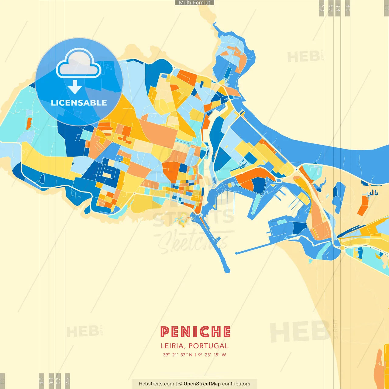 Peniche, Leiria, Portugal blue and orange vector art map template