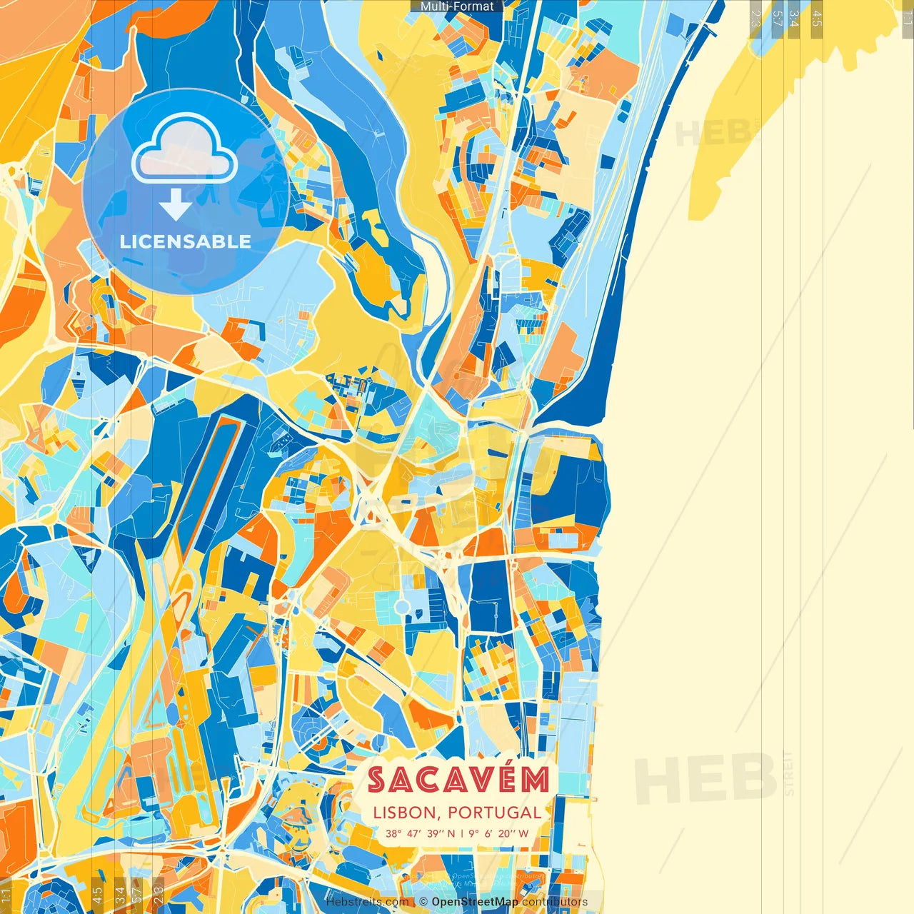 Sacavém, Lisbon, Portugal blue and orange vector art map template