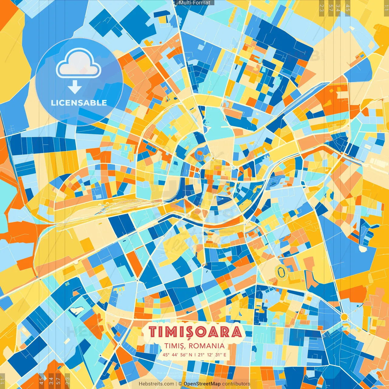 Timișoara, Timiș, Romania blue and orange vector art map template