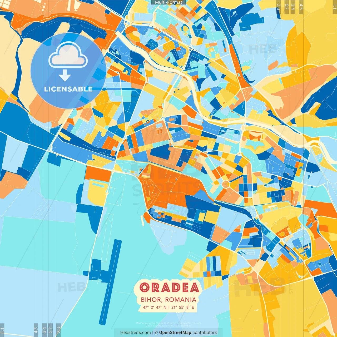 Oradea, Bihor, Romania blue and orange vector art map template