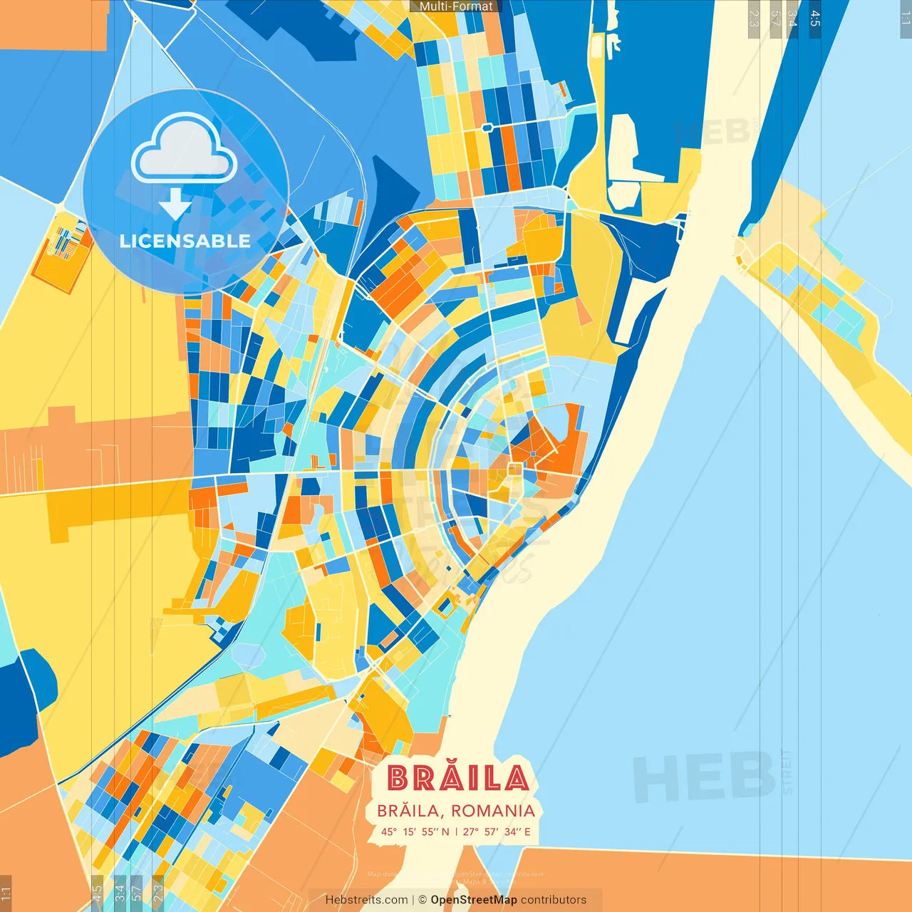 Brăila, Brăila, Romania blue and orange vector art map template