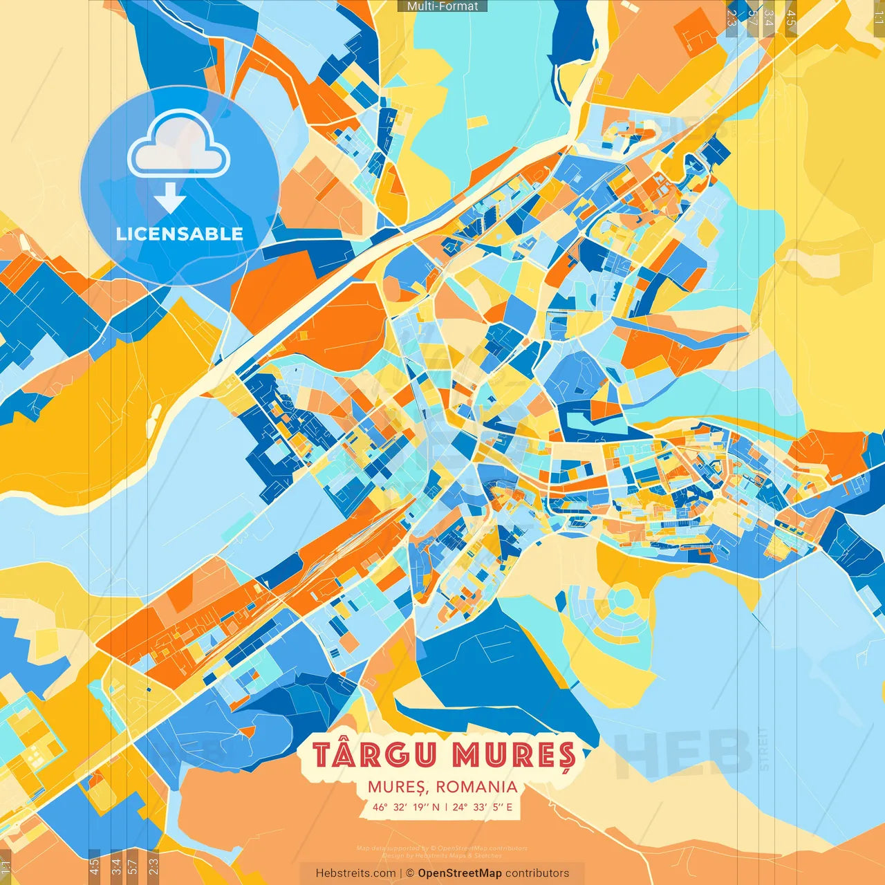Târgu Mureș, Mureș, Romania blue and orange vector art map template