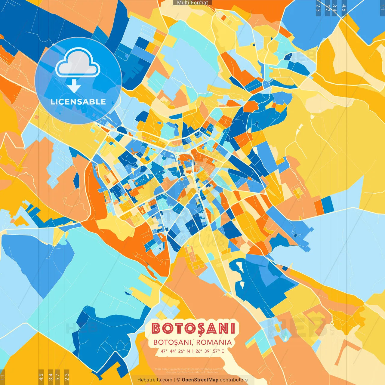 Botoșani, Botoșani, Romania blue and orange vector art map template