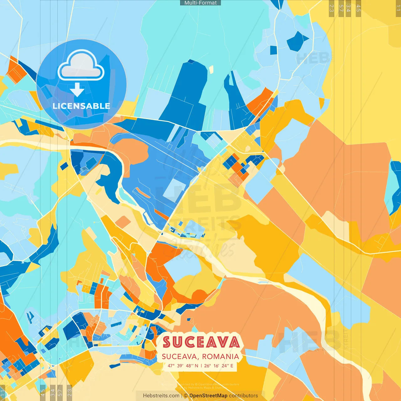 Suceava, Suceava, Romania blue and orange vector art map template