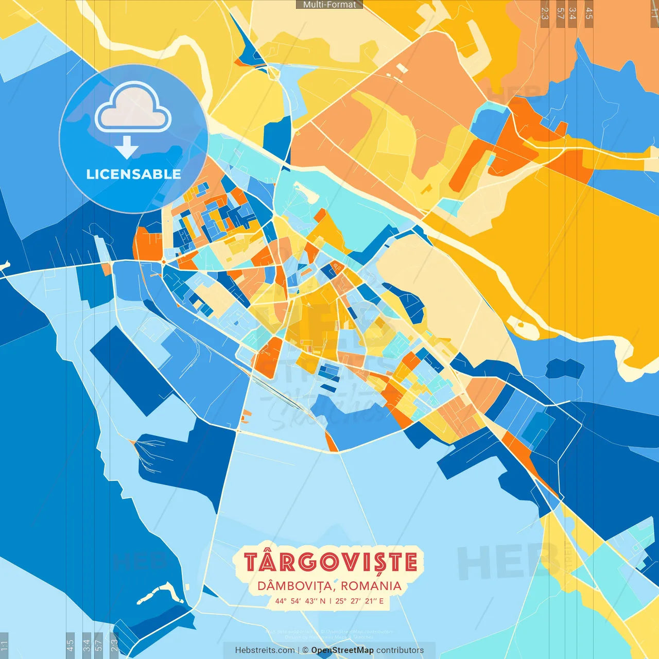 Târgoviște, Dâmbovița, Romania blue and orange vector art map template