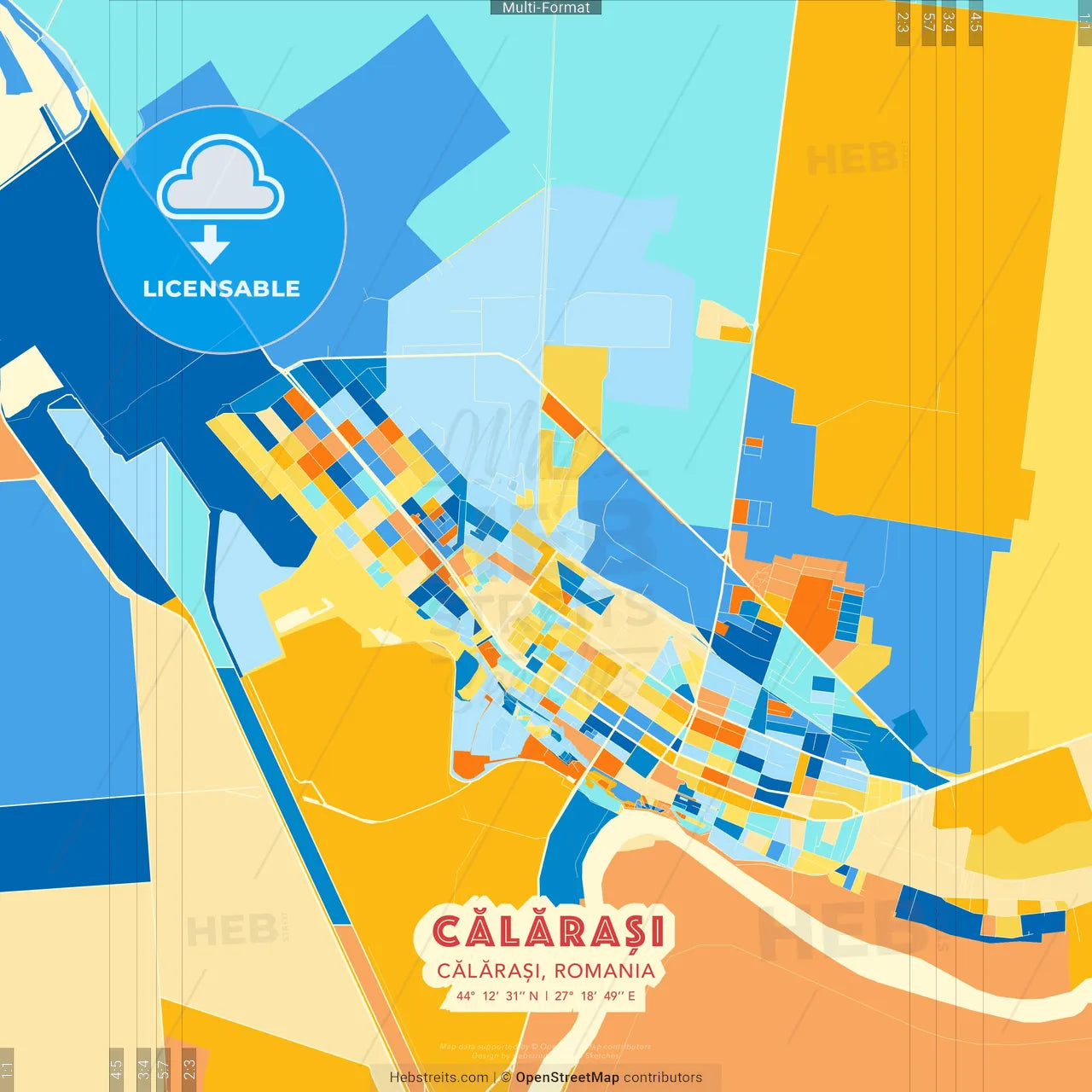 Călărași, Călărași, Romania blue and orange vector art map template